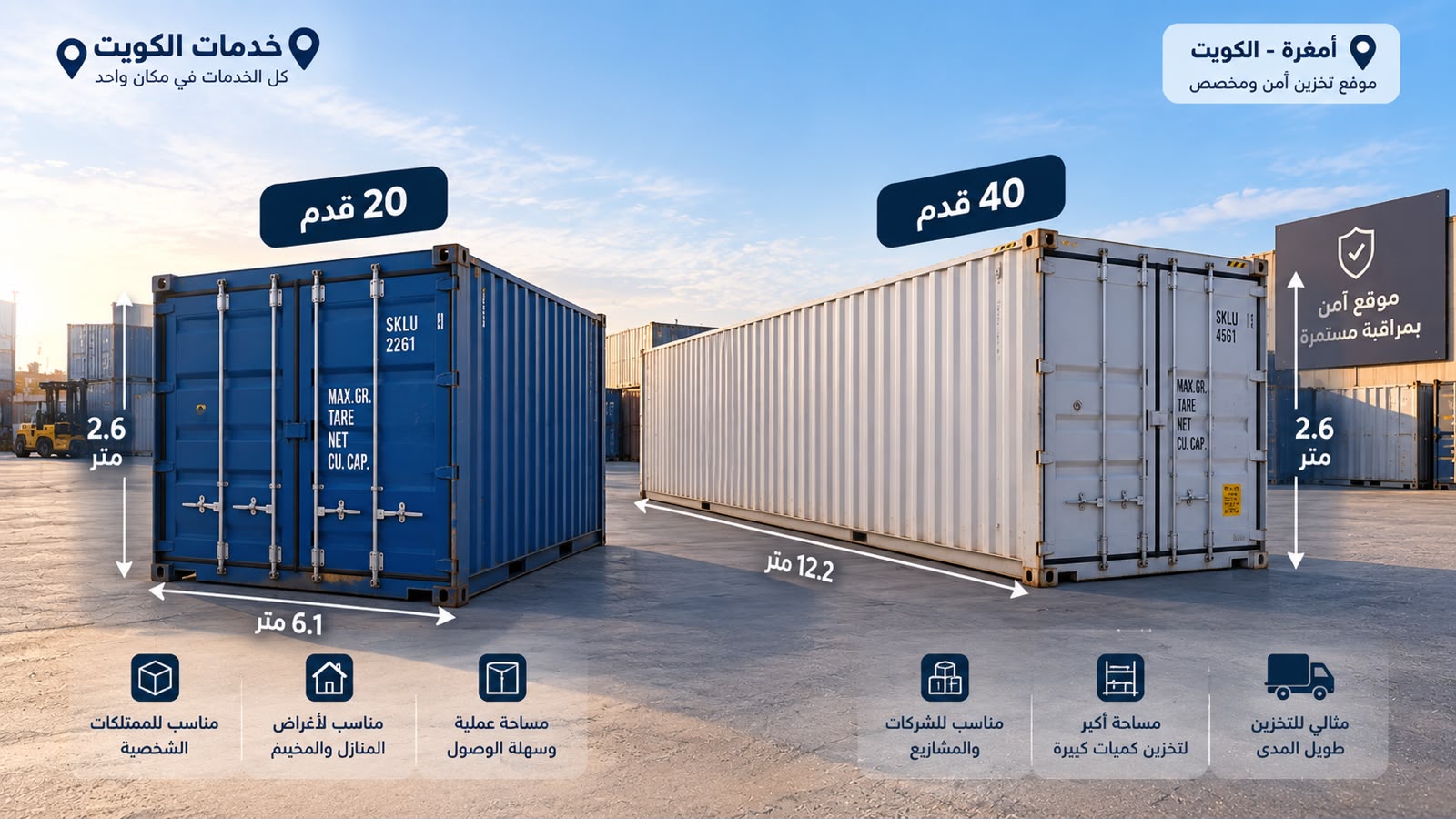 عرض توضيحي للكونتينرات بأحجام مختلفة